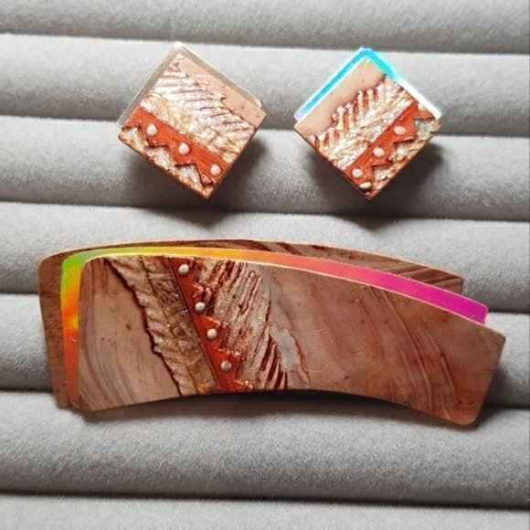 Hand Crafted Jewelry - 4/24$  Handmade Iridescent brooch and earrings set. Very colourful!